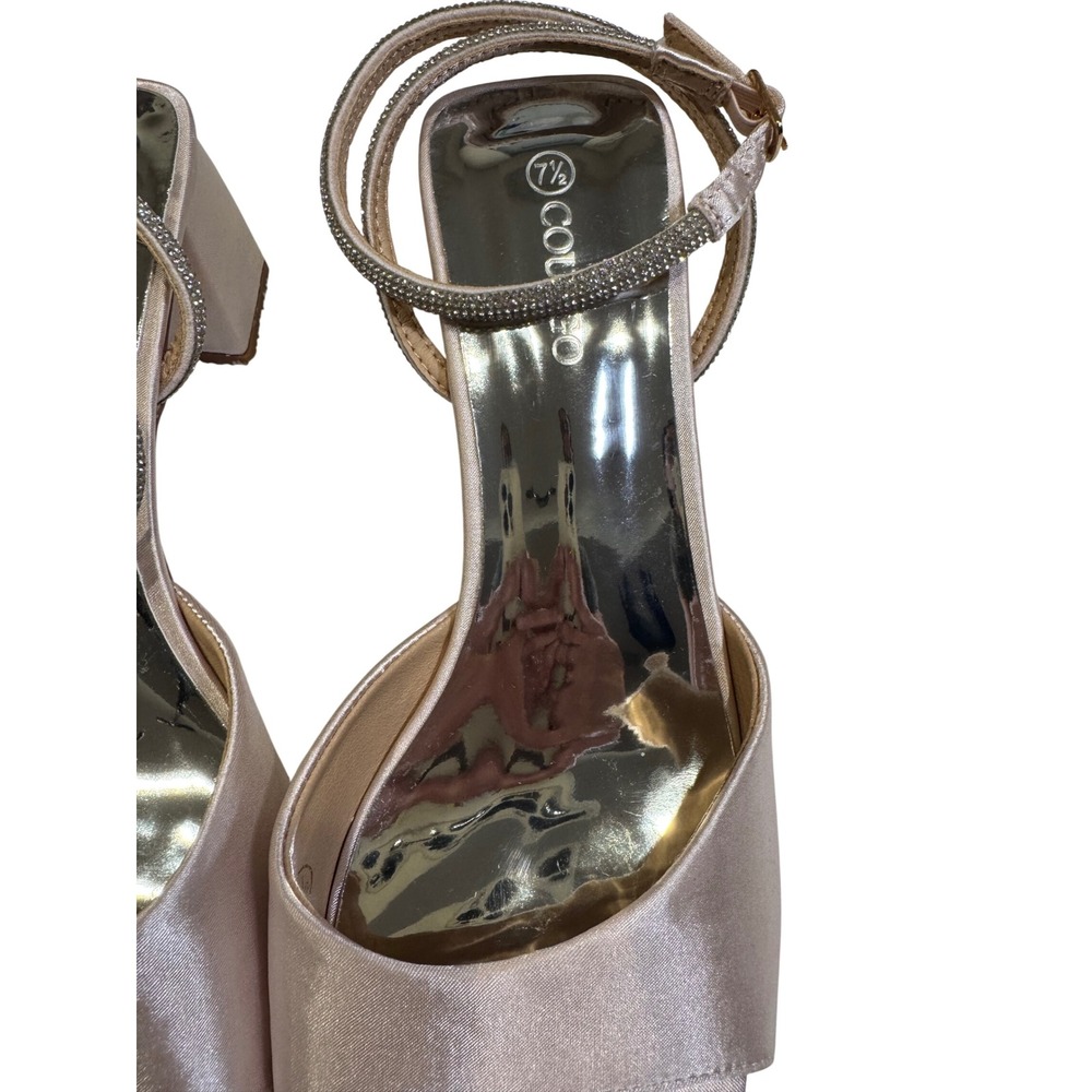 Coutgo Women Pink Satin Block Heel Sandals Rhinestone Ankle Strap 7.5 - Picture 2 of 5